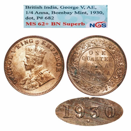 George V, Bronze, Quarter Anna, 1930, Bombay Mint, Dot, Elephant, Small year numerals with