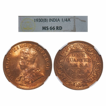 George V, Bronze, Quarter Anna, 1930, Bombay Mint, Dot. F. Prid 671. GK 1190. NGC Slabbed 