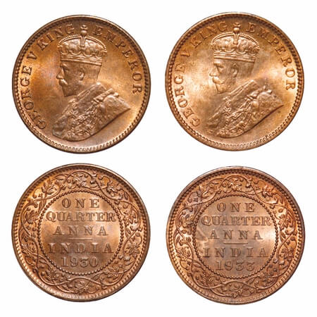 George V, Bronze, Quarter Anna, (2 coins), 1930, 1933, Calcutta Mint, No dot, Elephant. F.