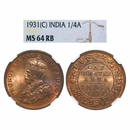 George V, Bronze, Quarter Anna, 1931, Calcutta Mint, No dot, Elephant. F. Prid 672. GK 119