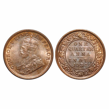 George V, Bronze, Quarter Anna, 1934, Calcutta Minbt, No dot, Elephant. F. Prid 674. GK 11