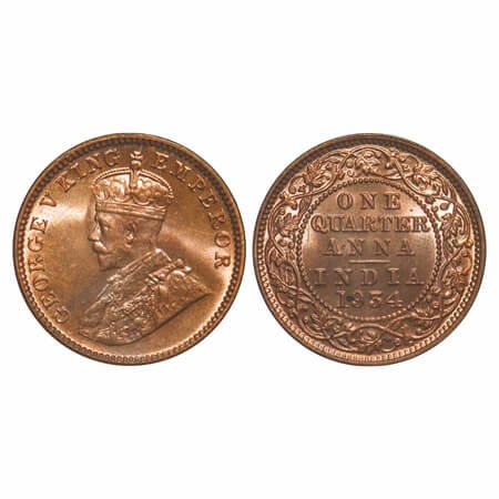 George V, Bronze, Quarter Annas, 1934, Calcutta Mint, No dot, Elephant, Single Mint coin. 