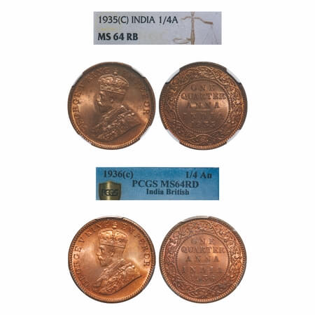 George V, Bronze, Quarter Anna, (2 slabs), 1934, 1936, Calcutta Mint, No dot. F. Prid 675,