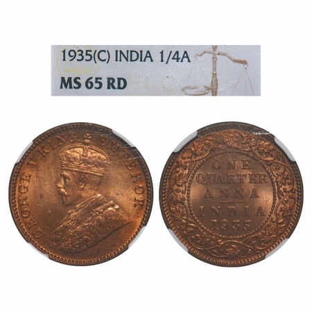 George V, Bronze, Quarter Anna, 1935, Calcutta Mint, No dot. F. Prid 675. GK 1195. NGC Sla