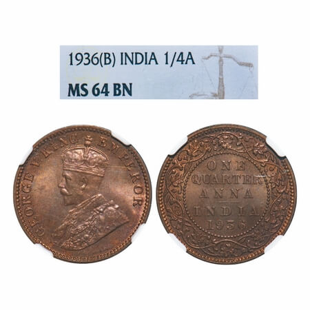 George V, Bronze, Quarter Anna, 1936, Bombay Mint, Dot, Elephant. F. Prid 683. GK 1196. NG