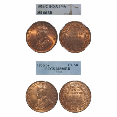George V, Bronze, Quarter Anna, (2 slabs), 1936, 1) Bombay Mint, Dot, 2) Calcutta Mint, No