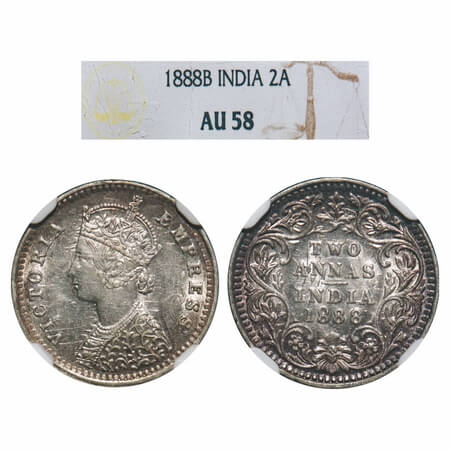 Victoria Empress, Silver, 2 Annas, 1888, Bombay Mint, B/II, 'B' incused. F. Prid 541. GK 7