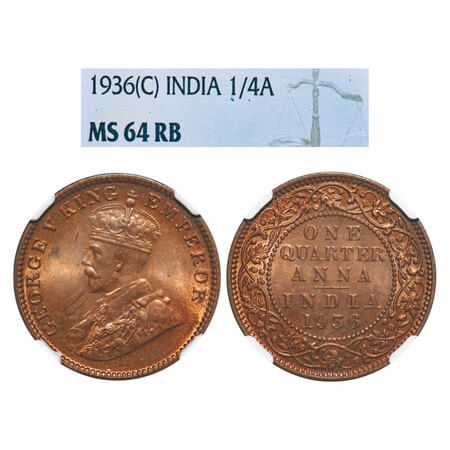 George V, Bronze, Quarter Anna, 1936, Calcutta Mint, No dot, Elephant. F. Prid 676. GK 119