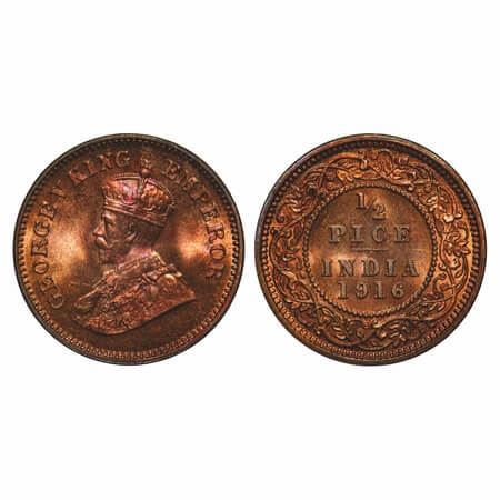 George V, Bronze, 1/2 Pice, 1916, Calcutta Mint, No mint mark. F. Prid 749. GK 1202. Mint 