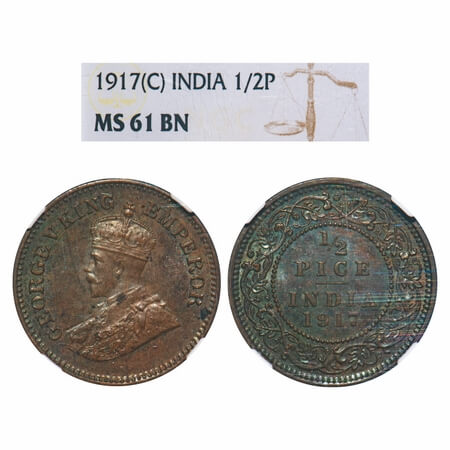 George V, Bronze, 1/2 Pice, 1917, Calcutta Mint, No mint mark. F. Prid 750. GK 1203. NGC S