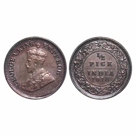 George V, Bronze, 1/2 Pice, 1918, Calcutta Mint, No mint mark. F. Prid 751. GK 1204. Extre