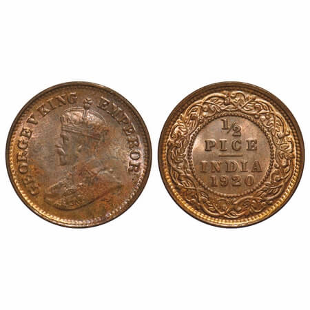 George V, Bronze, 1/2 Pice, 1920, Calcutta Mint, No mint mark. F. Prid 753. GK 1206. Brill
