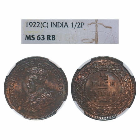 George V, Bronze, 1/2 Pice, 1922, Calcutta Mint, No mint mark. F. Prid 755. GK 1208. NGC S