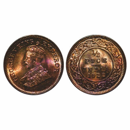 George V, Bronze, 1/2 Pice, 1922, Calcutta Mint, No mint mark. F. Prid 755. GK 1208. Mint 