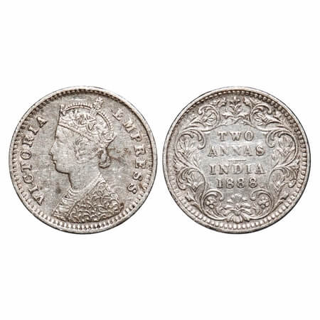 Victoria Empress, Silver, 2 Annas, 1888, Bombay Mint, B/II, 'B' incused. F. Prid 541. GK 7
