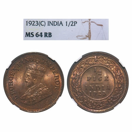 George V, Bronze, 1/2 Pice, 1923, Calcutta Mint, No mint mark. F. Prid 756. GK 1209. NGC S