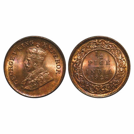 George V, Bronze, 1/2 Pice, 1926, Calcutta Mint, No mint mark. F. Prid 759. GK 1212. Brill