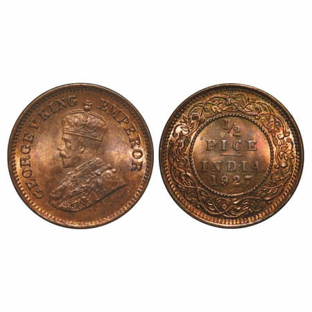 George V, Bronze, 1/2 Pice, 1927, Calcutta Mint, No mint mark. F. Prid 760. GK 1213. Brill