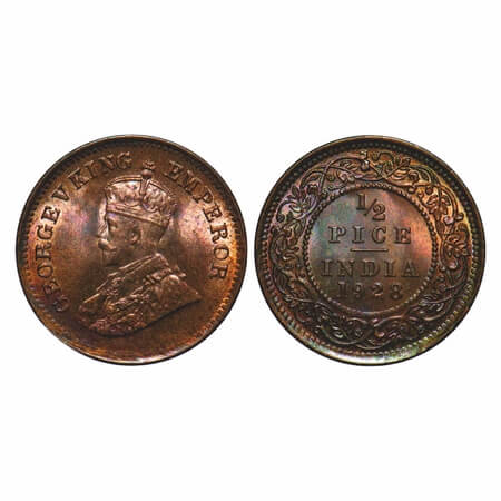 George V, Bronze, 1/2 Pice, 1928, Calcutta Mint, No mint mark. F. Prid 761. GK 1214. Brill