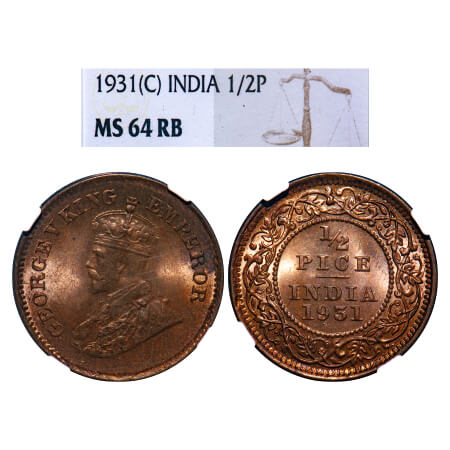 George V, Bronze, 1/2 Pice, 1931, Calcutta Mint, No mint mark. F. Prid 764. GK 1217. NGC S