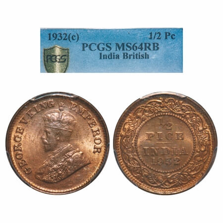 George V, Bronze, 1/2 Pice, 1932, Calcutta Mint, No mint mark. F. Prid 765. GK 1218. PCGS 
