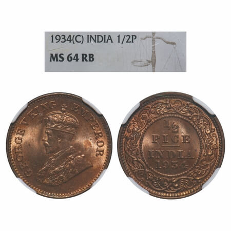 George V, Bronze, 1/2 Pice, 1934, Calcutta Mint, No mint mark. F. Prid 767. GK 1220. NGC S