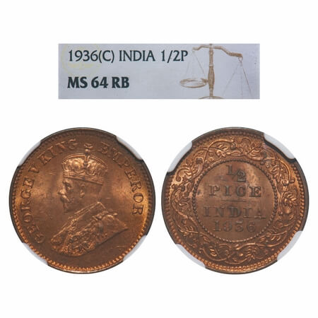 George V, Bronze, 1/2 Pice, 1936, Calcutta Mint, No mint mark. F. Prid 769. GK 1222. NGC S