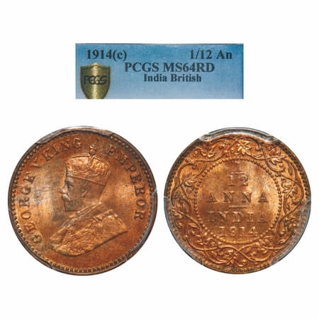 George V, Bronze, 1/12 Anna, 1914, Calcutta Mint, No dot. F. Prid 829. GK 1225. PCGS Slabb