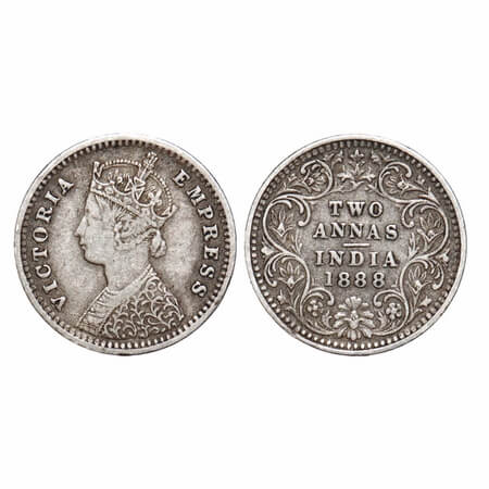Victoria Empress, Silver, 2 Annas, 1888, Bombay Mint, B/II, 'B' incused. F. Prid 541. GK 7