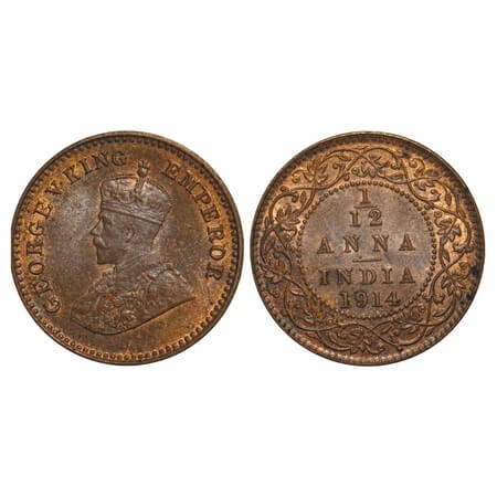 George V, Bronze, 1/12 Anna, 1914, Calcutta Mint, No dot. F. Prid 829. GK 1225. Uncirculat