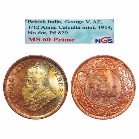George V, Bronze, 1/12 Anna, 1914, Calcutta Mint, No dot. F. Prid 829. GK 1225. NGS Slabbe