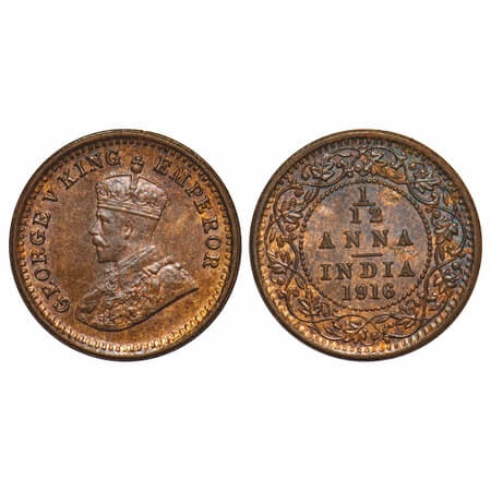 George V, Bronze, 1/12 Anna, 1916, Calcutta Mint, No dot. F. Prid 831. GK 1227. Uncirculat