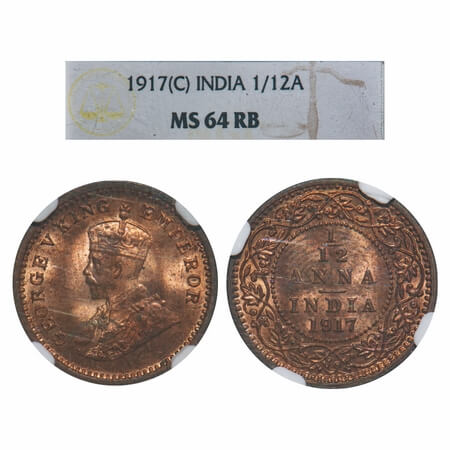 George V, Bronze, 1/12 Anna, 1917, Calcutta Mint, No dot. F. Prid 832. GK 1228. NGC Slabbe