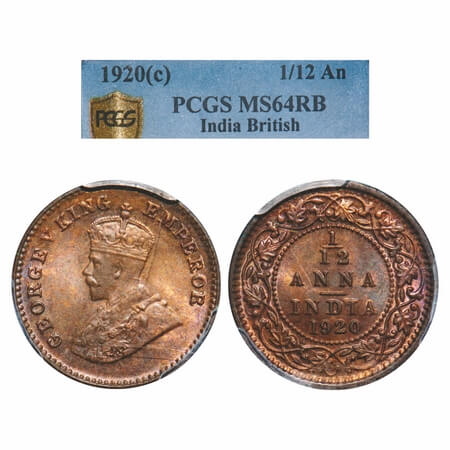 George V, Bronze, 1/12 Anna, 1920, Calcutta Mint, No dot. F. Prid 835. GK 1231. PCGS Slabb