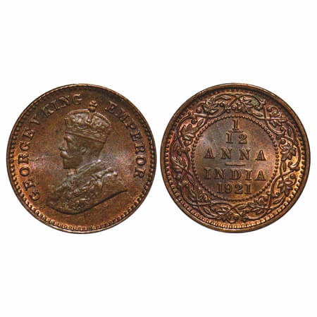 George V, Bronze, 1/12 Anna, 1921, Calcutta Mint, No dot. F. Prid 836. GK 1232. Uncirculat