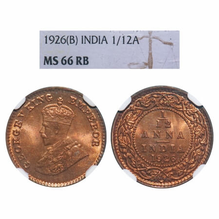 George V, Bronze, 1/12 Anna, 1926, Bombay Mint, Dot. F. Prid 854. GK 1239. NGC Slabbed MS 