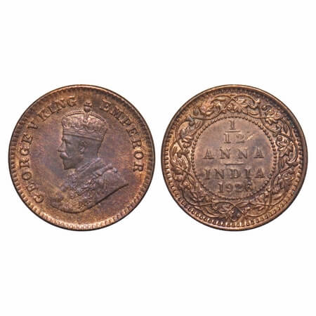 George V, Bronze, 1/12 Anna, 1926, Calcutta Mint, No dot. F. Prid 840. GK 1240. Uncirculat