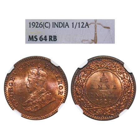 George V, Bronze, 1/12 Anna, 1926, Calcutta Mint, No dot. F. Prid 840. GK 1240. NGC Slabbe