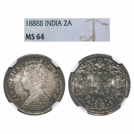 Victoria Empress, Silver, 2 Annas, 1888, Bombay Mint, B/II, 'B' incused. F. Prid 541. GK 7