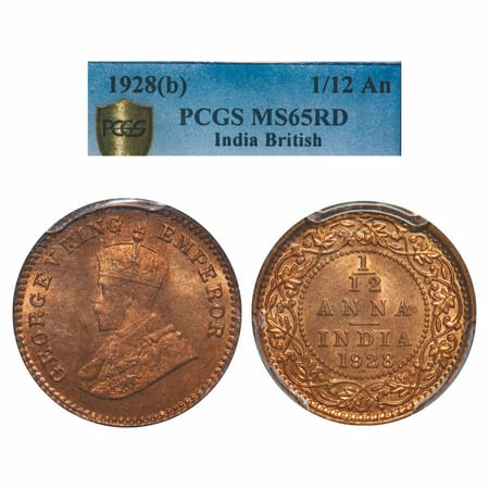 George V, Bronze, 1/12 Anna, 1928, Bombay Mint, Dot. F. Prid 856. GK 1243. PCGS Slabbed MS
