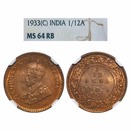 George V, Bronze, 1/12 Anna, 1933, Calcutta Mint, No dot. F. Prid 847. GK 1249. NGC Slabbe
