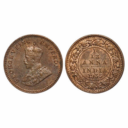 George V, Bronze, 1/12 Anna, 1935, Calcutta Mint, No dot, Single Mint coin. F. Prid 849. G