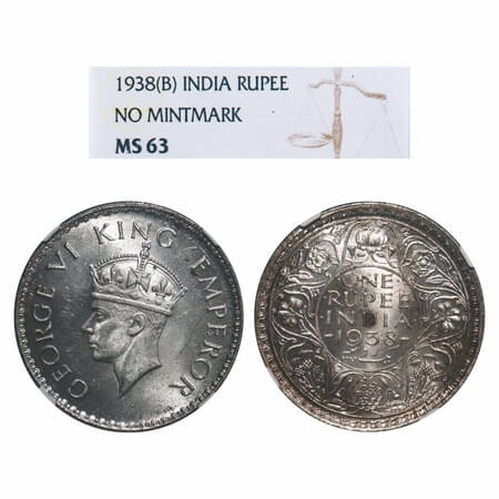 George VI, Silver, Rupee, 1938, Bombay Mint, A/I, No dot, Milled edge. F. Prid 233. GK 125