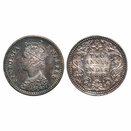 Victoria Empress, Silver, 2 Annas, 1888, Bombay Mint, B/II, 'B' incused, Die crack on Obv.
