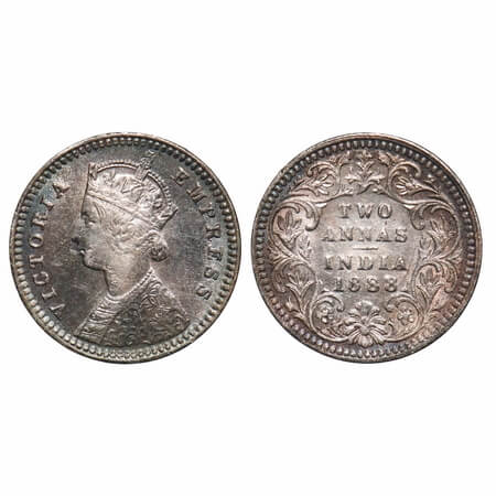 Victoria Empress, Silver, 2 Annas, 1888, Calcutta Mint, B/II, No mint mark, No 'C'. F. Pri