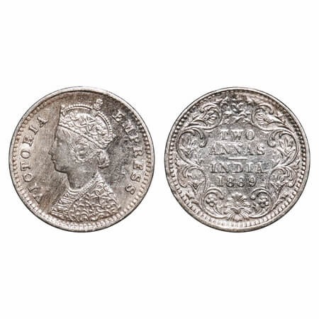 Victoria Empress, Silver, 2 Annas, 1889, Bombay Mint, B/II, 'B' incused. F. Prid 542. GK 7