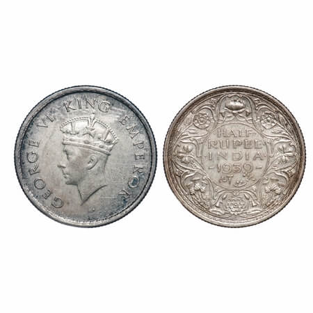 George VI, Silver, Half Rupee, 1939, Bombay Mint, A/I, Dot, Head Type I, Milled edge. F. P