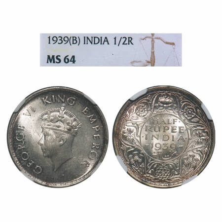 George VI, Silver, Half Rupee, 1939, Bombay Mint, A/I, Dot, Head Type I, Milled edge. F. P
