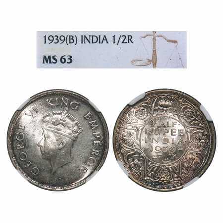 George VI, Silver, Half Rupee, 1939, Bombay Mint, A/I, Dot, Head Type I, Milled edge. F. P