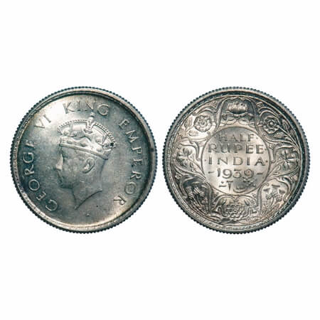 George VI, Silver, Half Rupee, 1939, Calcutta Mint, A/I, No dot, Head Type I, Milled edge.